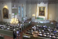 Kuva Kokemäen kirkon urkuparvelta kirkkosaliin tv-jumalanpalveluksessa 24.1.2016