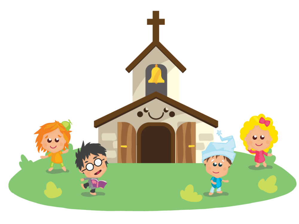 piirros lapset kirkon ympärillä