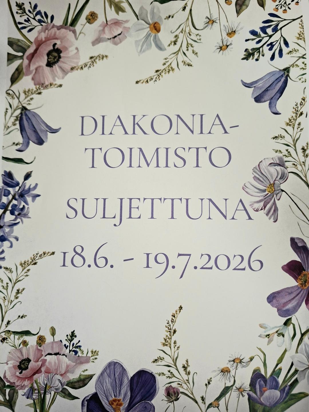 Diakoniatoimisto suljettu 18.6.-19.7.